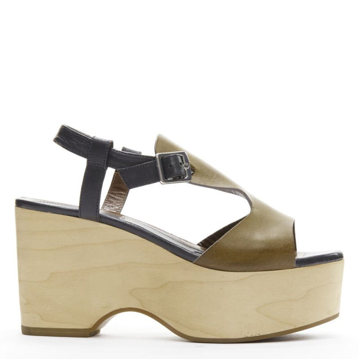 MARNI brown black wooden platform wedged sandals EU37