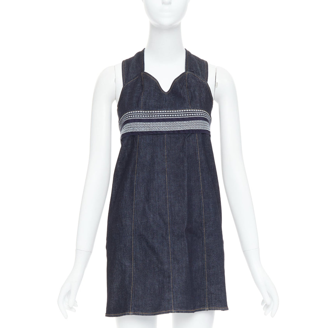 VVB VICTORIA BECKHAM blue denim topstitch cross back dress UK4 XXS
