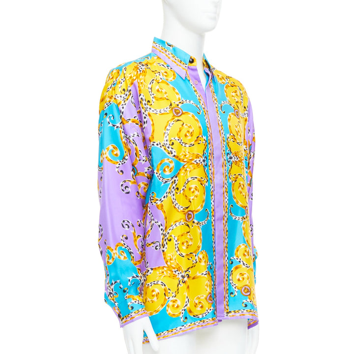 GIANNI VERSACE 1995 Vitnage 100% silk purple yellow leopard barocco shirt IT48 M