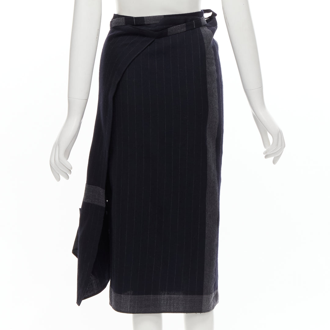 COMME DES GARCONS 2003 100% wool black pinstripe plaid bow wrap kilt skirt