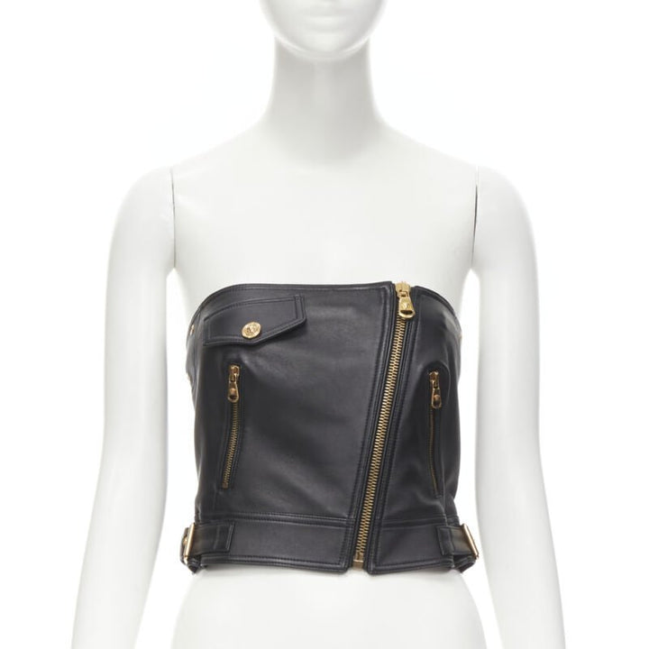 VERSACE Runway black leather gold-tone Medusa biker bustier top IT38 XS