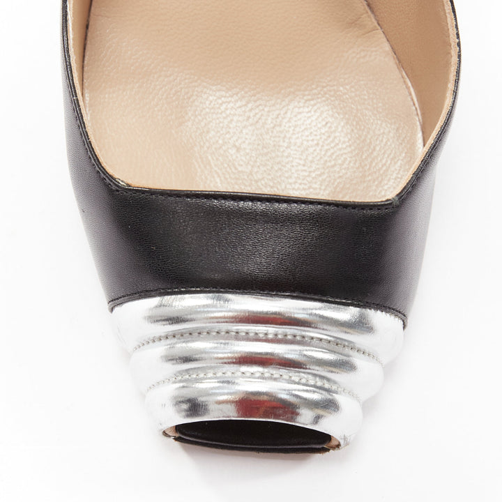 MANOLO BLAHNIK black leather silver quilted blunt peep toe pumps EU37
