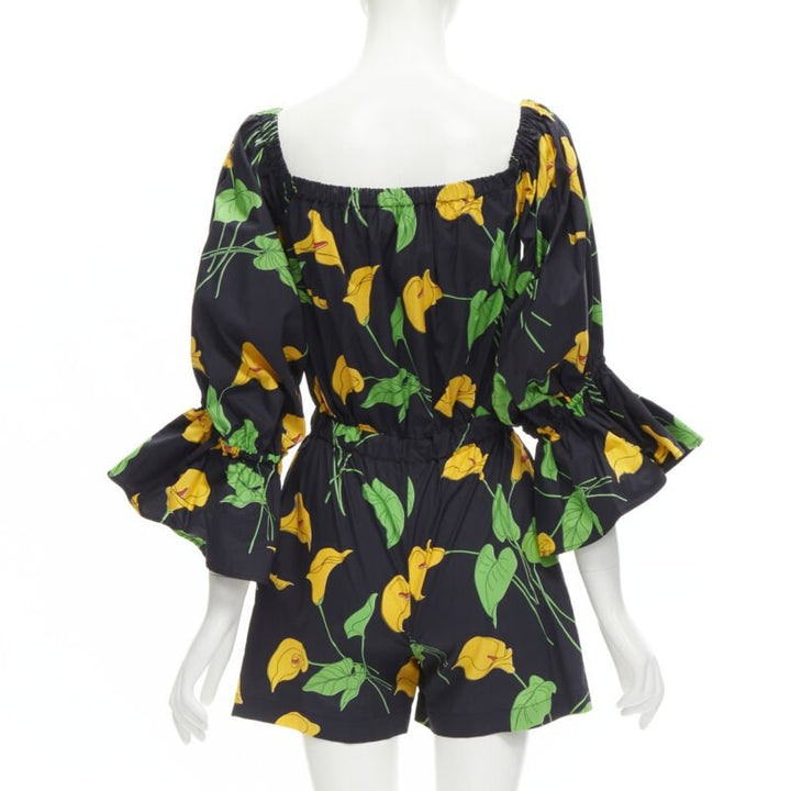 LE DOUBLE J Mantero black green yellow leaf print cotton flared cuff romper XS