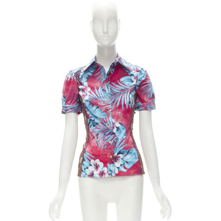 rare D&G DOLCE GABBANA Vintage blue pink sheer lace panel side Hawaiian shirt XS