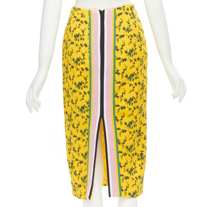 NO 21 yellow green leaf print contrast pink band pencil skirt IT38 XS