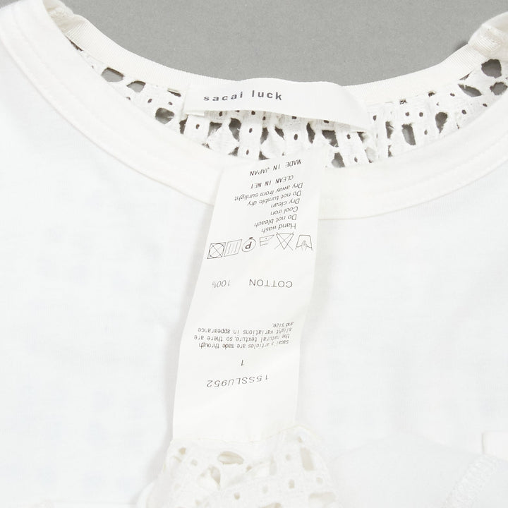SACAI LUCK white eyelet flared back babydoll short sleeve tshirt top JP1 S