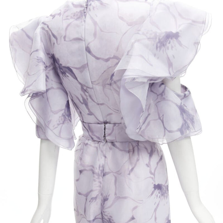 COSTERELLOS purple floral ruffled butterfly sleeves belted jumpsuit FR34 XS