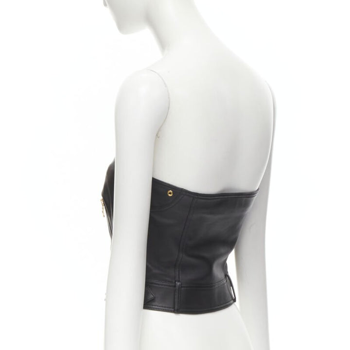VERSACE Runway black leather gold-tone Medusa biker bustier top IT38 XS