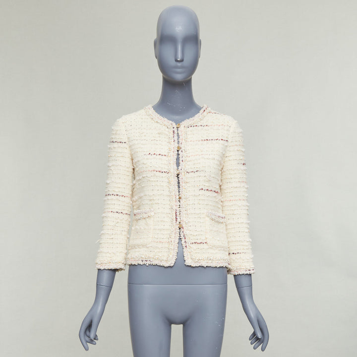 CHANEL 05A cream pink wool boucle tweed gold CC buttons cardigan FR38 M