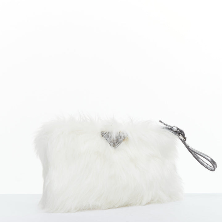 PRADA white faux fur silver triangle logo wristlet clutch bag