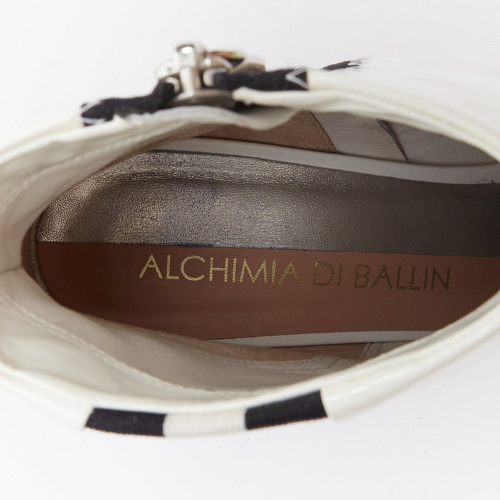 ALCHIMIA DI BALLIN side striped white patent leather silver booties EU38.5