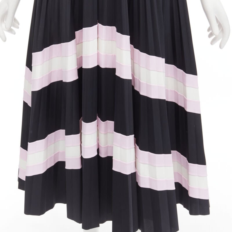 VALENTINO black pink stripes patchwork pleated toggle pleated midi skirt XS