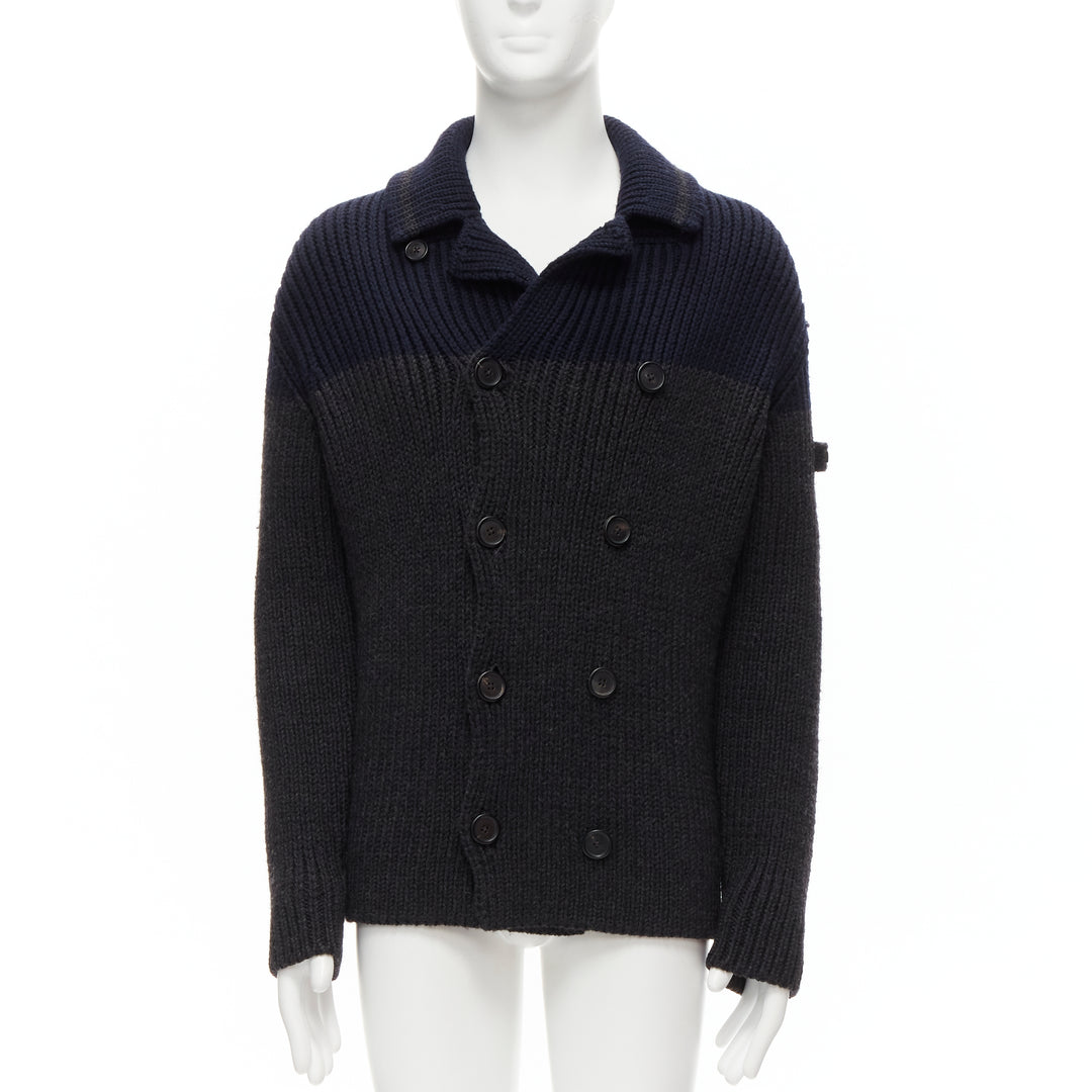 PRADA 2013 100% wool grey navy sailor collar ribbed knit cardigani coat IT50 L