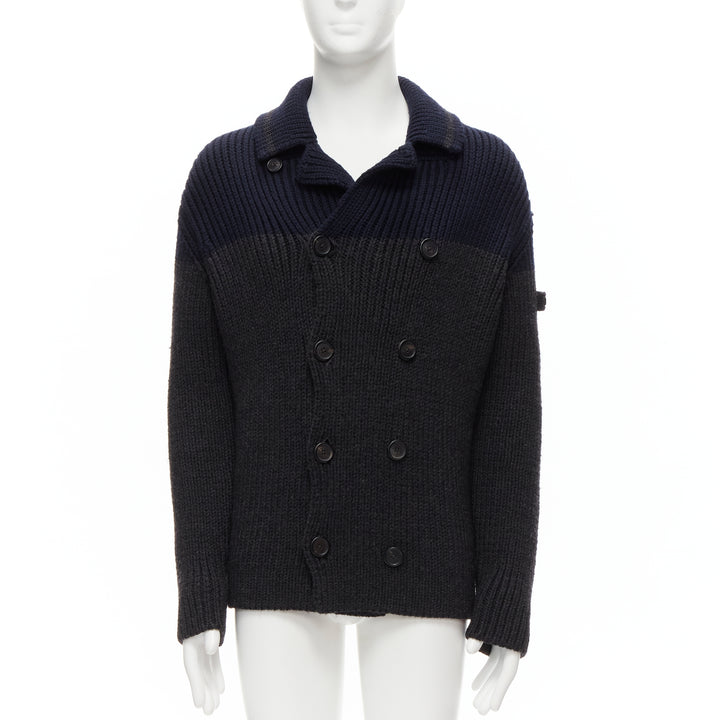 PRADA 2013 100% wool grey navy sailor collar ribbed knit cardigani coat IT50 L