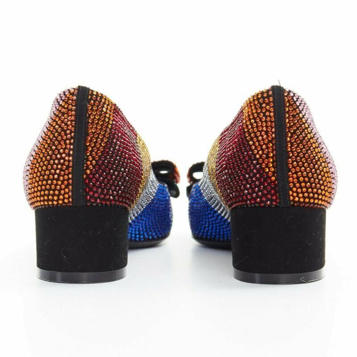 SALVATORE FERRAGAMO Vara rainbow crystal strass bow chunky kitten pump EU34