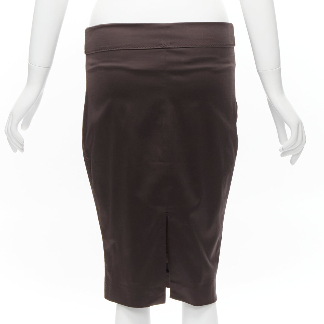 GUCCI brown silky texture zigzag topstitch flap waistband pencil knee skirt IT42