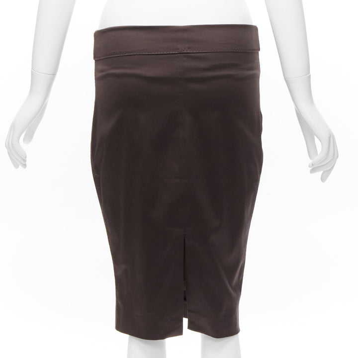 GUCCI brown silky texture zigzag topstitch flap waistband pencil knee skirt IT42