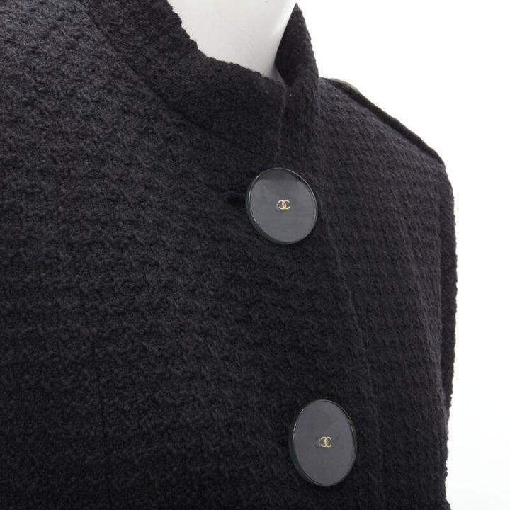 CHANEL 17A Paris Cosmopolite black tweed CC button 4-pocket  belted coat FR44 XL