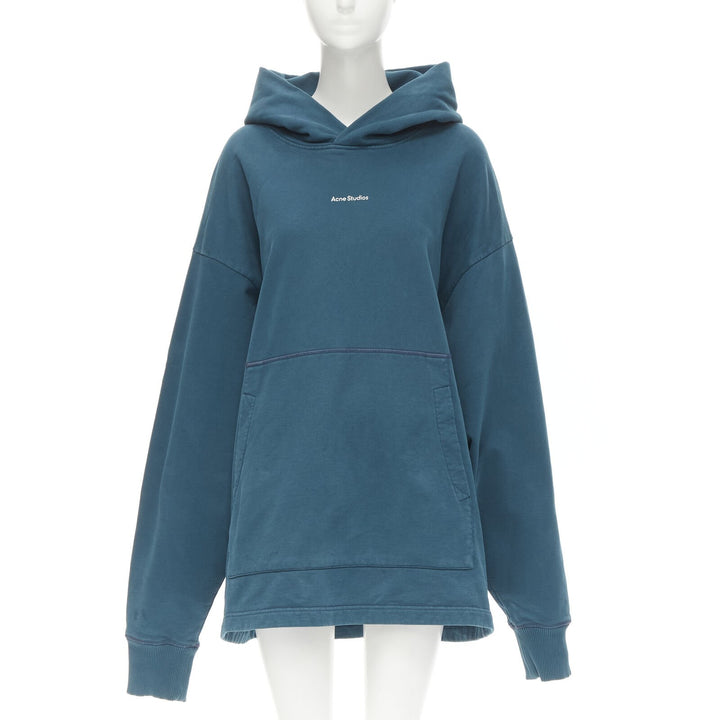 ACNE STUDIOS logo print washed cotton turquoise blue oversized hoodie M