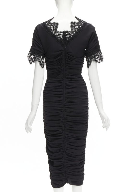 DOLCE GABBANA black silk gathered shirred lace trim cocktail dress IT42 M