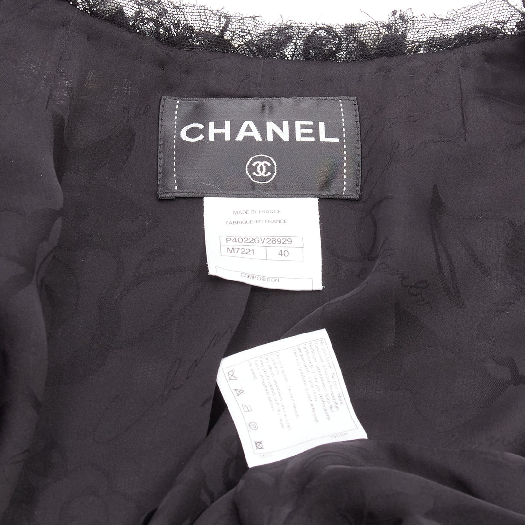 CHANEL black white raw frayed check tweed gripoix buttons cropped jacket FR40 L