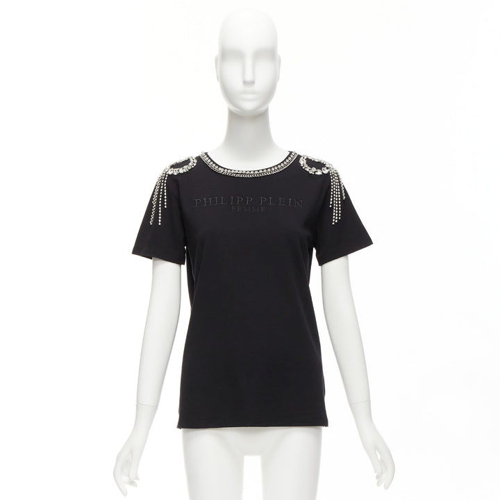 PHILLIP PLEIN black logo embroidery clear crystal fringe embellished tshirt XS