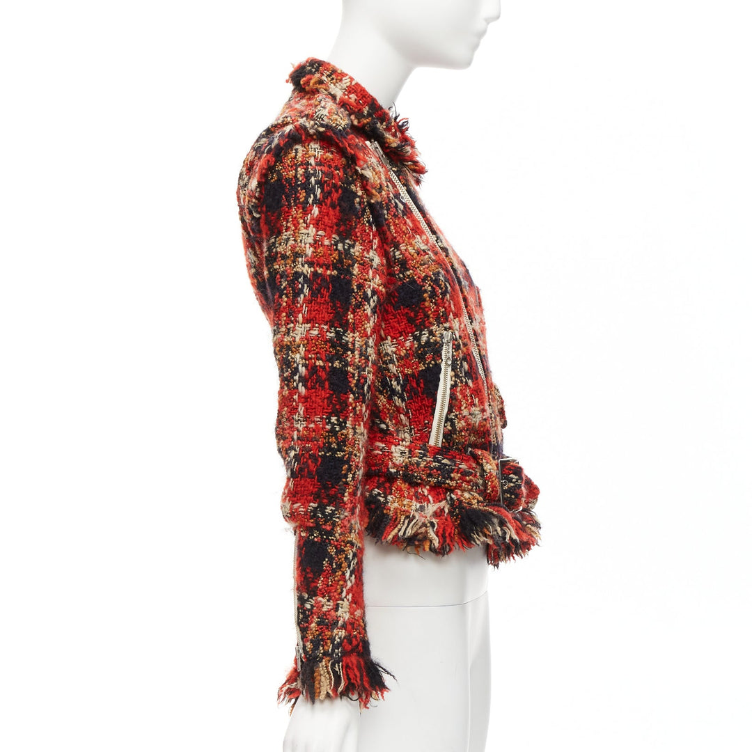 MIHARA YASUHIRO red plaid wool tweed PU trimmed biker jacket FR36 S