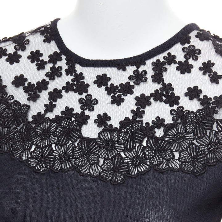 GIAMBATTISTA VALLI black cashmere silk floral sheer lace panel sweater IT38 XS