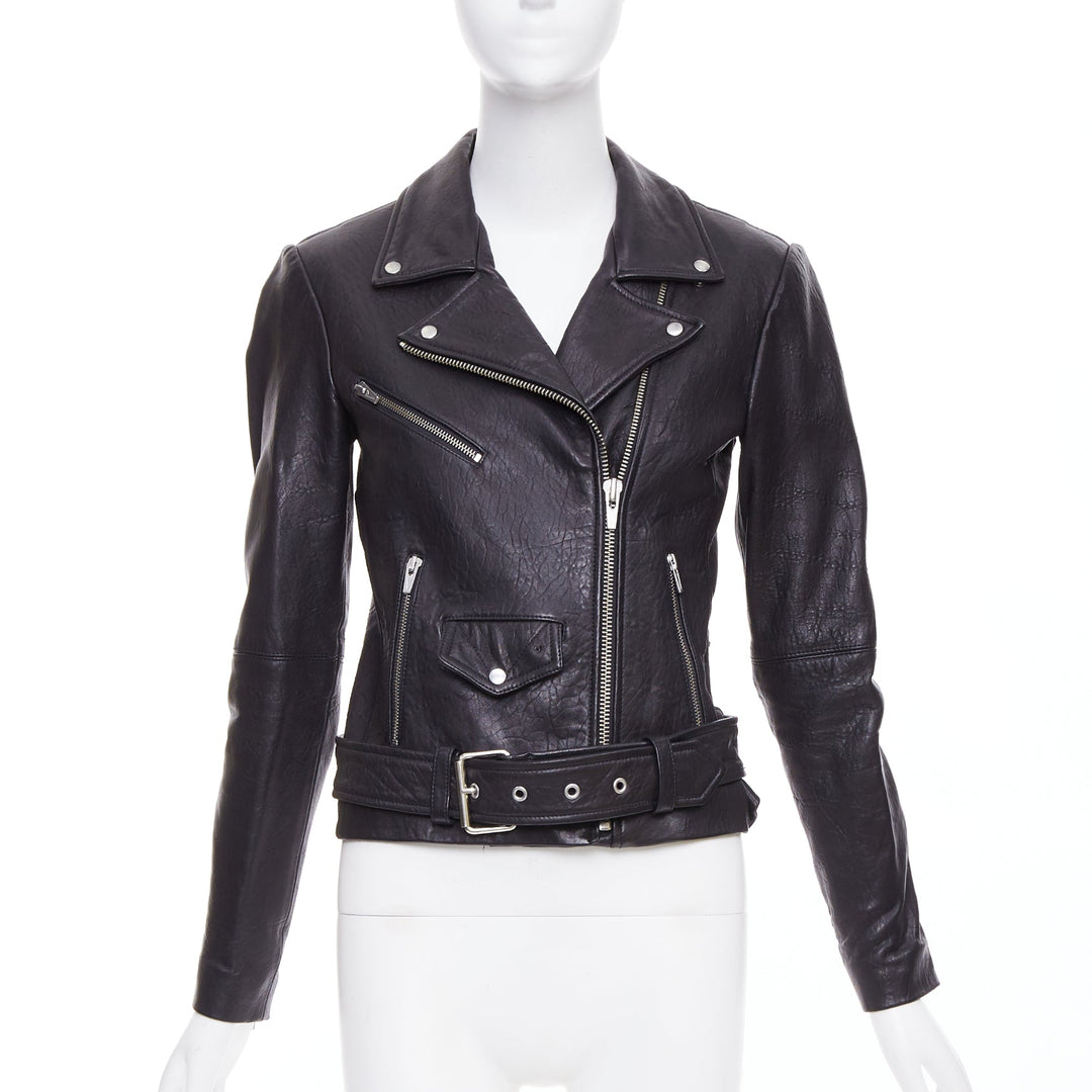 VEDA black lamb leather silver hardware zip moto biker jacket XS