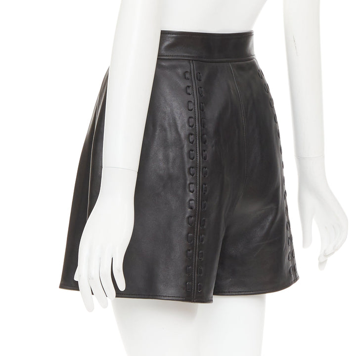 ALEXANDER MCQUEEN Sarah Burton 2021 black leather overstitch mini shorts IT38 XS