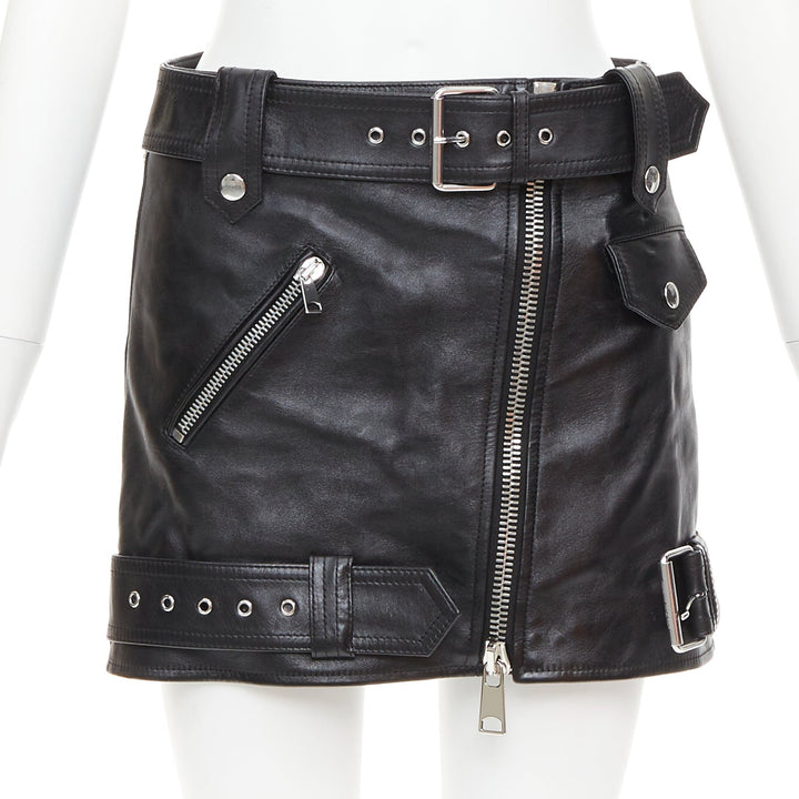 ALEXANDER MCQUEEN 2023 black cowhide leather silver biker zip skirt IT36 XXS