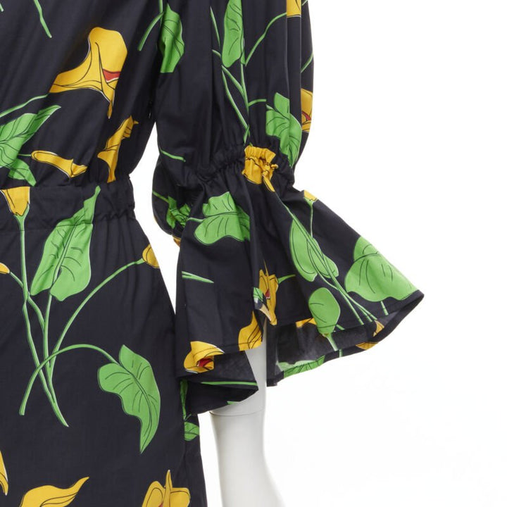 LE DOUBLE J Mantero black green yellow leaf print cotton flared cuff romper XS