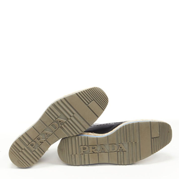 PRADA black perforated leather jute espadrille platform brogue EU36.5