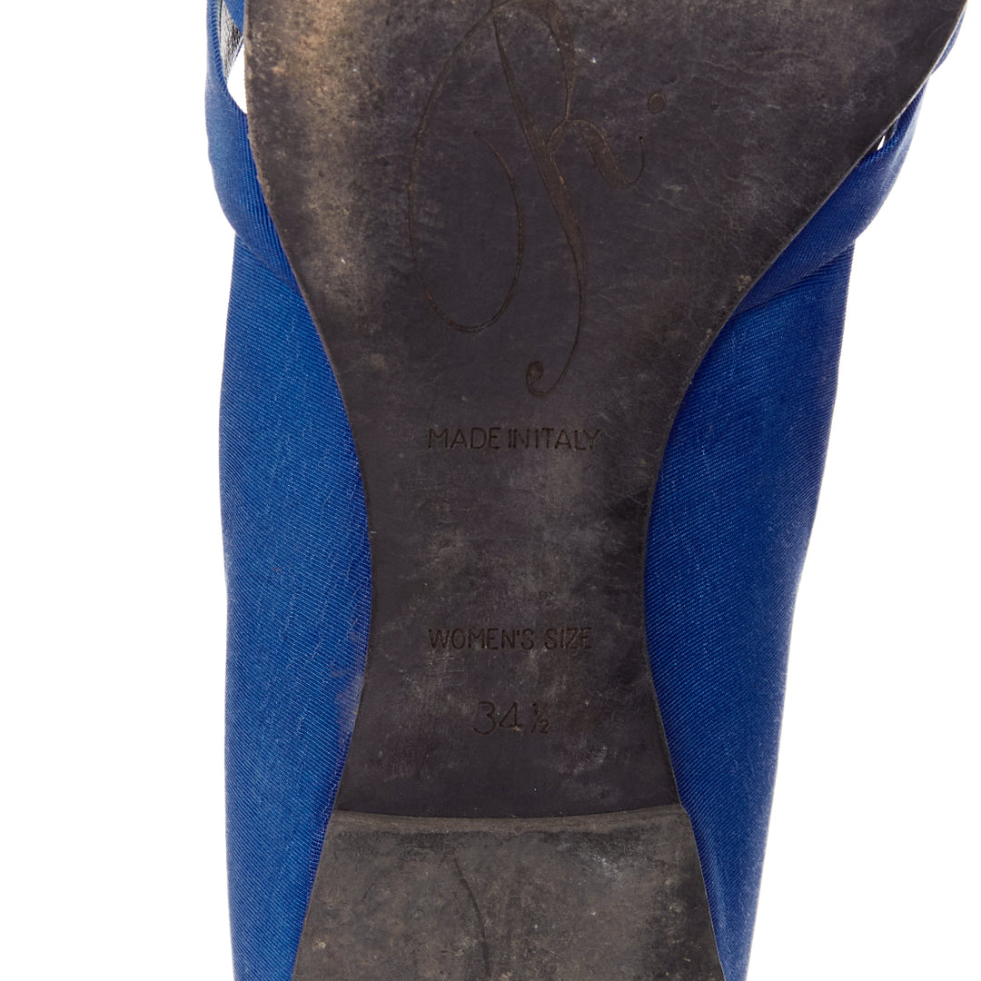 ROGER VIVIER blue satin crystal square buckles woven front pep toe flats EU34.5