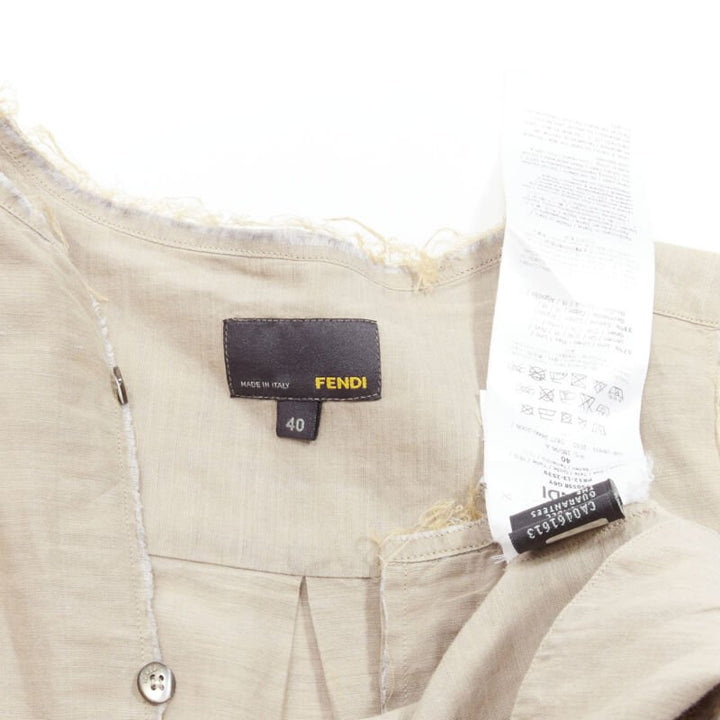 FENDI beige linen cotton raw frayed half button long sleeve shirt EU40 L