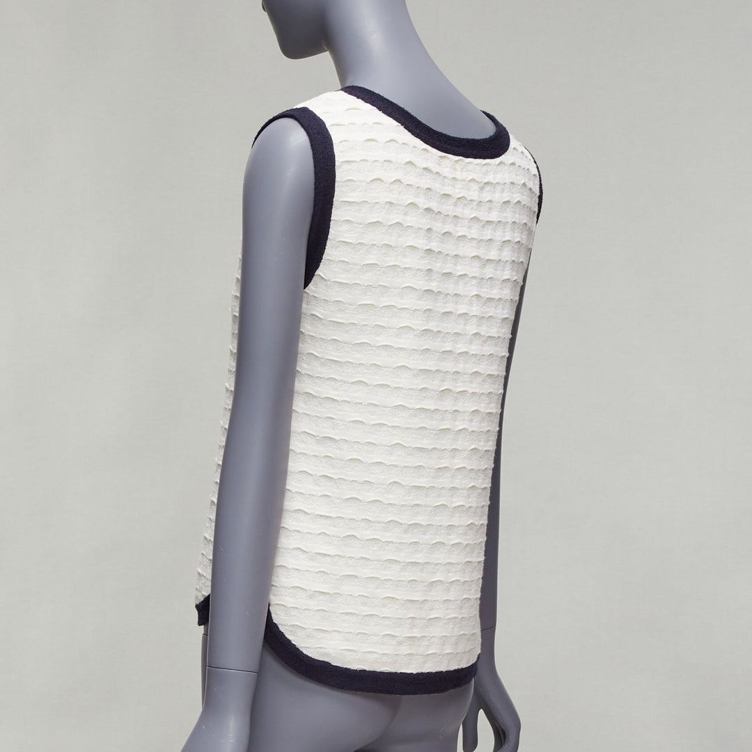 CHANEL cream cotton blend navy towelling trim CC logo knitted vest FR38 M