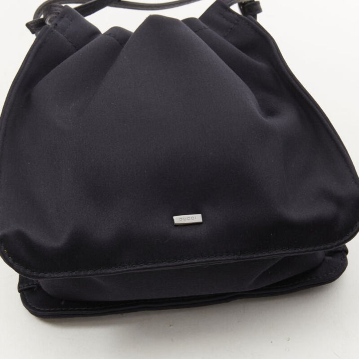 GUCCI TOM FORD black gathered silk satin minimal leather handle bucket bag