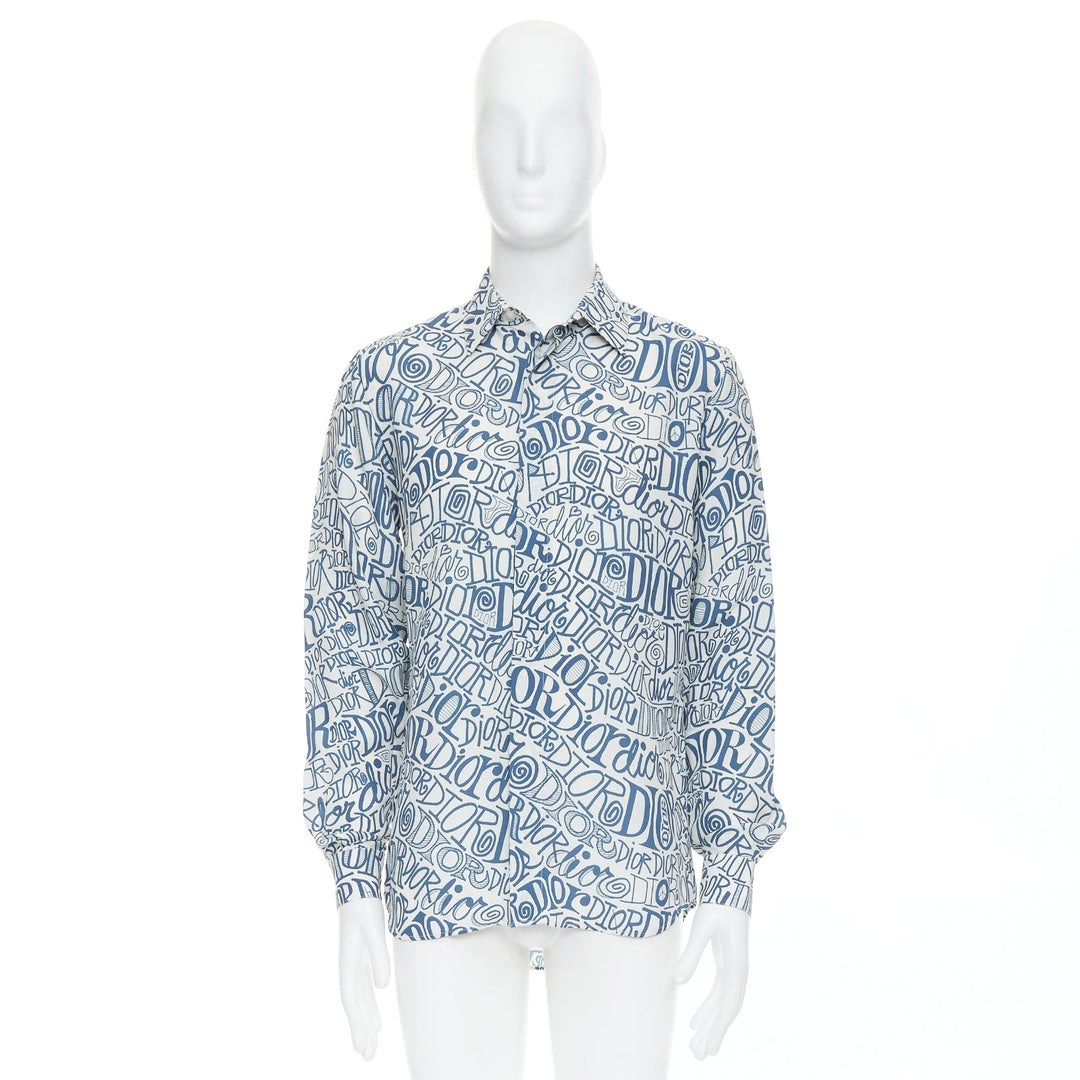 DIOR Shawn Stussy blue graffiti swirl logo print button down shirt EU38 S