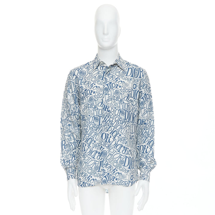 DIOR Shawn Stussy blue graffiti swirl logo print button down shirt EU38 S