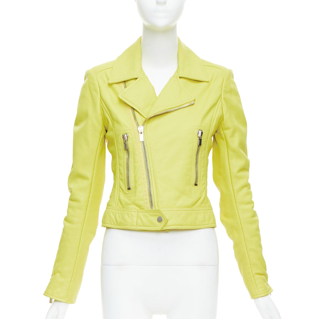 BALENCIAGA 2014 yellow lambskin leather crop biker jacket FR38 M
