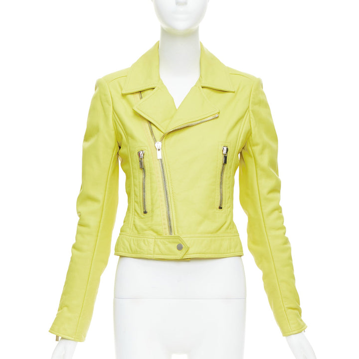 BALENCIAGA 2014 yellow lambskin leather crop biker jacket FR38 M