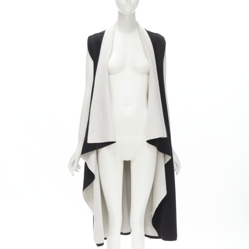 ALICE OLIVIA 100% wool black grey waterfall draped collar long vest XS