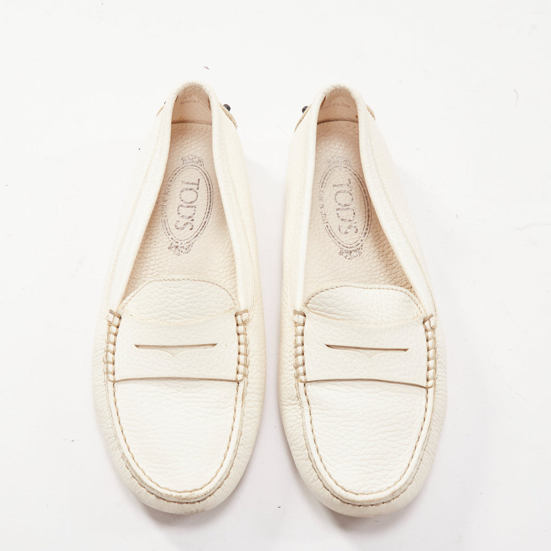 TOD'S Gommino cream textured leather black rubber studs driver shoes EU37