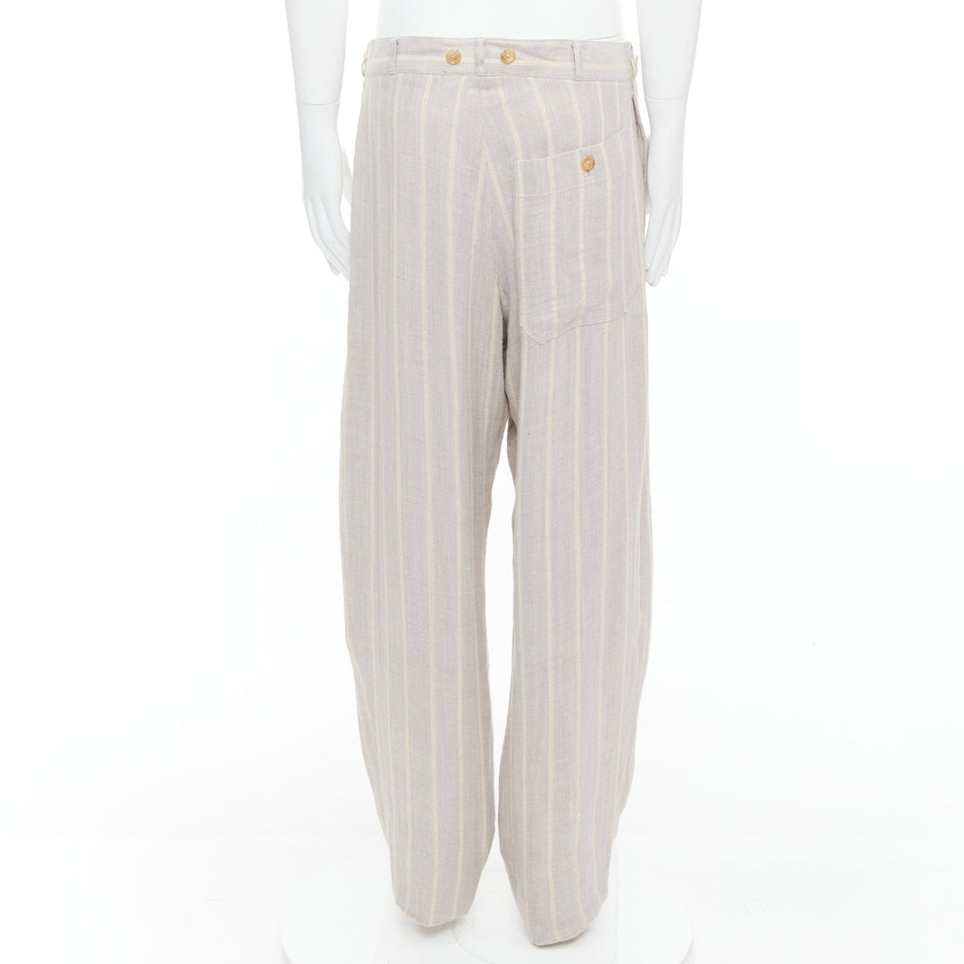 YOHJI YAMAMOTO grey yellow striped rayon linen button waist wide pants M