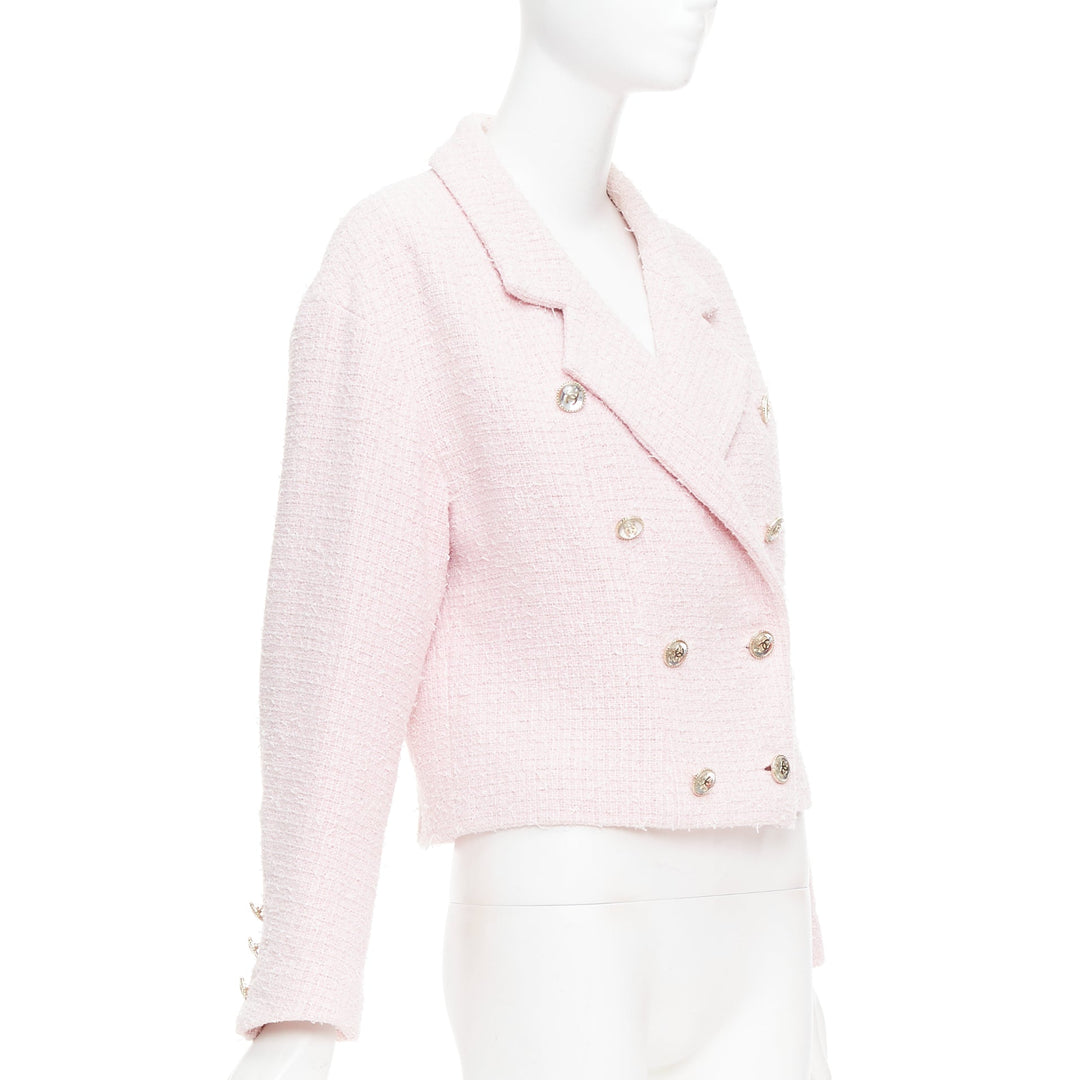 CHANEL 21P pink cotton tweed CC button double breasted cropped jacket FR38 M