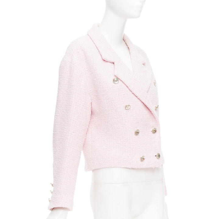 CHANEL 21P pink cotton tweed CC button double breasted cropped jacket FR38 M