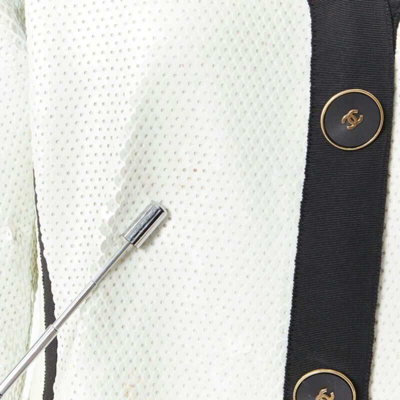 runway CHANEL SS91 white sequin black grosgrain trim scuba zipper jacket FR44