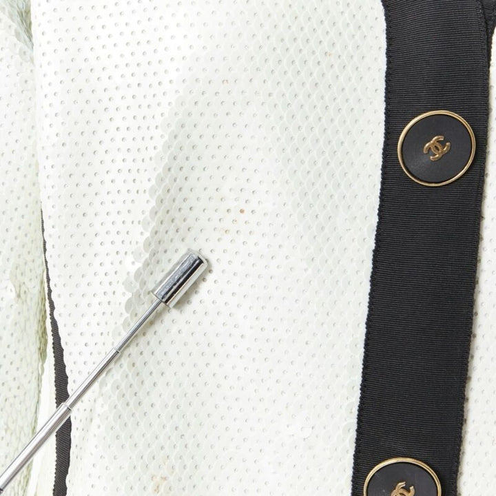 runway CHANEL SS91 white sequin black grosgrain trim scuba zipper jacket FR44