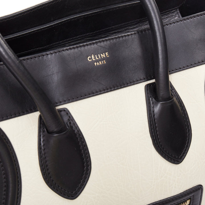 CELINE Luggage Mini black cream bicolor nubuck calfskin flared bag