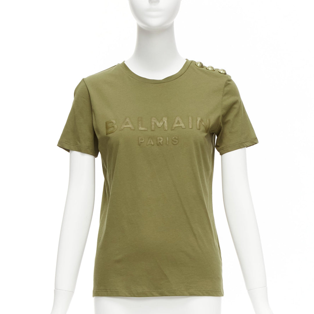 BALMAIN green brown distressed logo military buttons tshirt XS